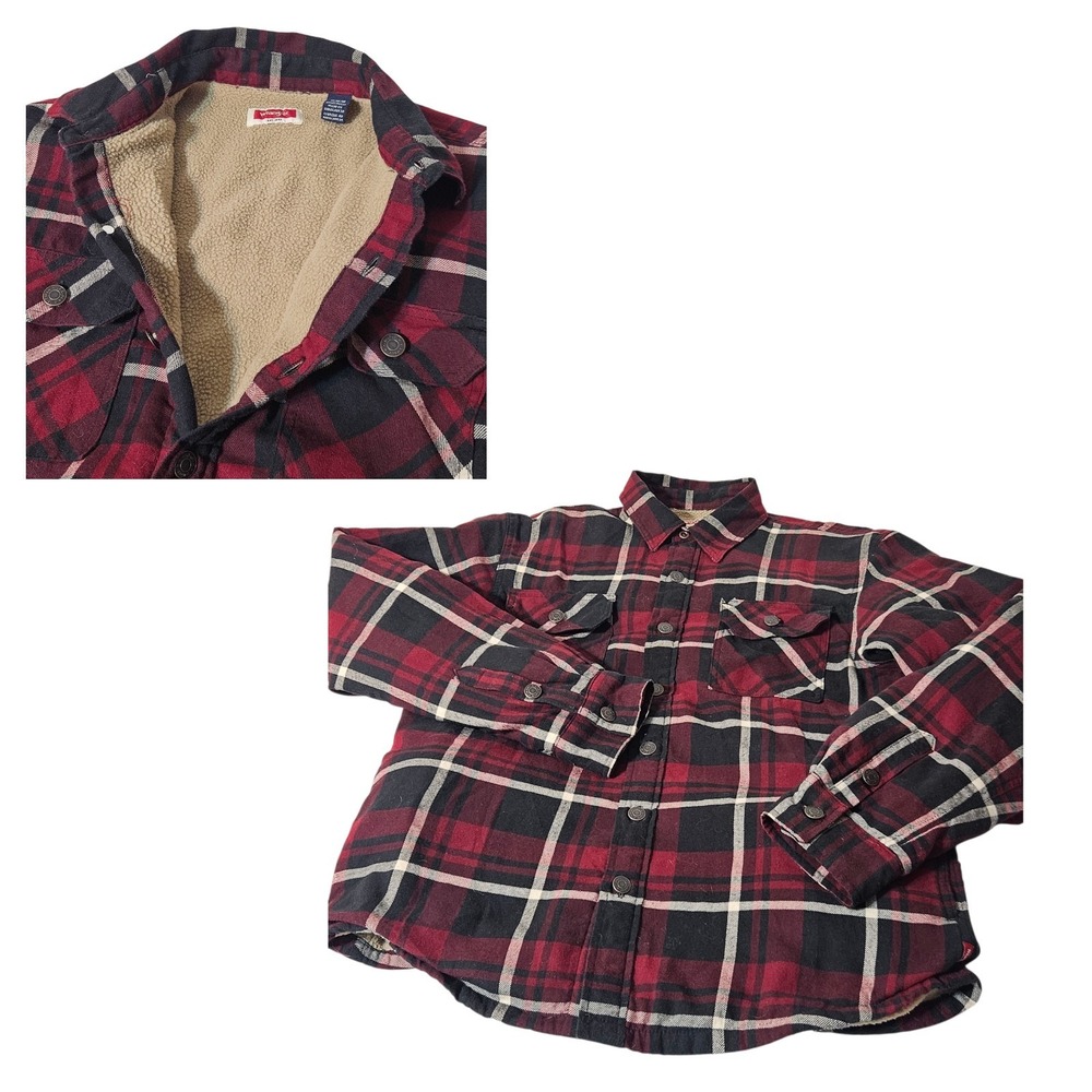 Wrangler Flannel Sherpa M Red Black Plaid Lined Flannel Shacket Shirt